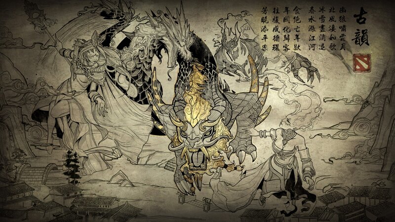 Dragon and Warriors — Black, Dramatic, Illustration
