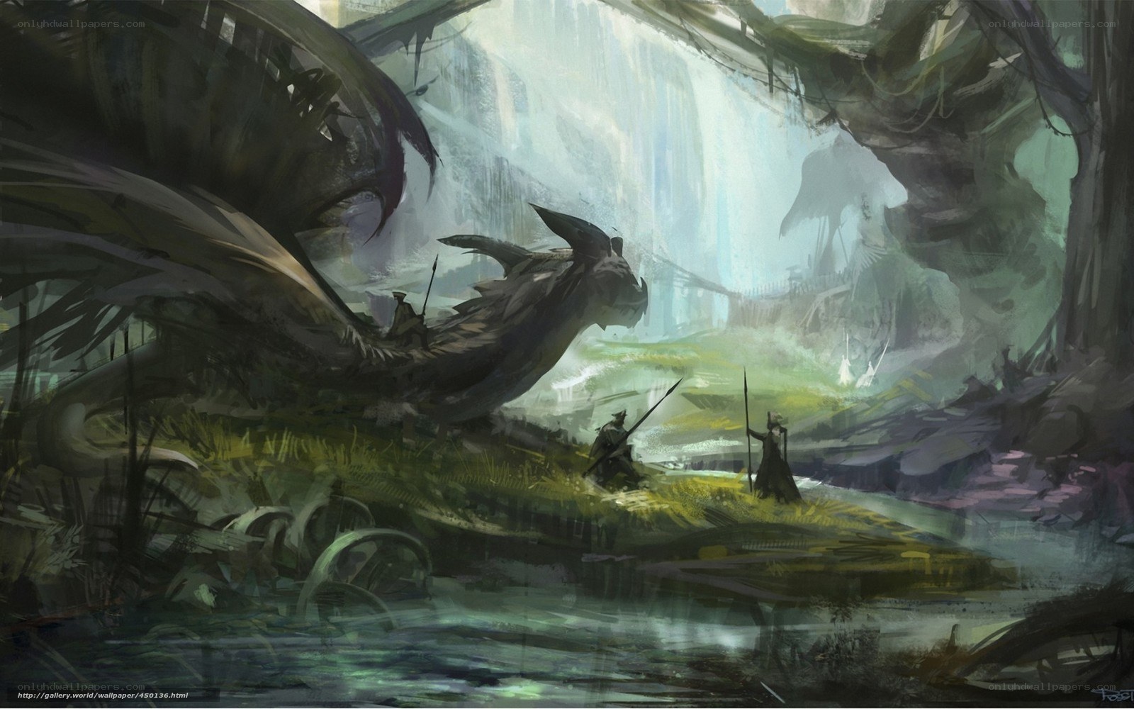 Dragon and warriors in a cave