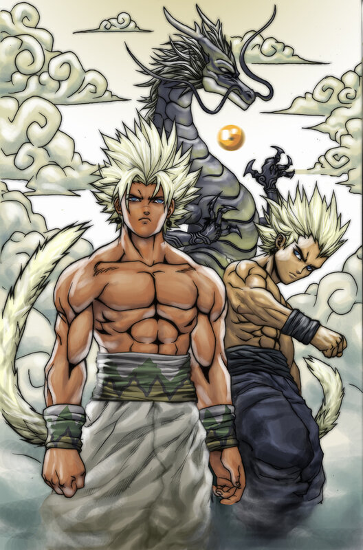 Dragon and warriors in clouds