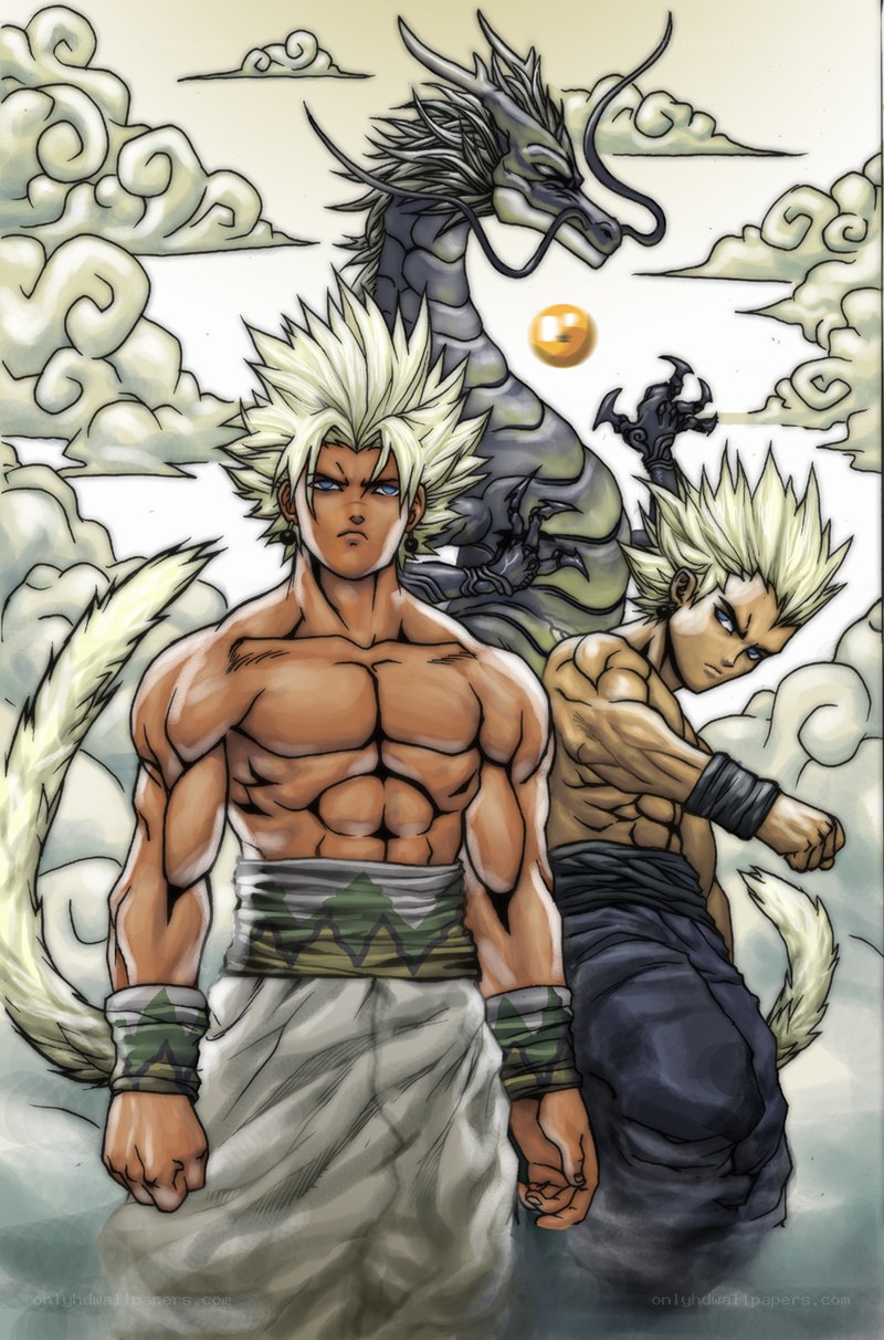 Dragon and warriors in clouds