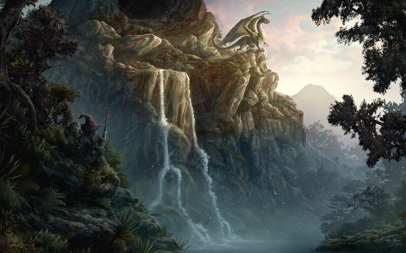 Dragon and wizard by waterfall