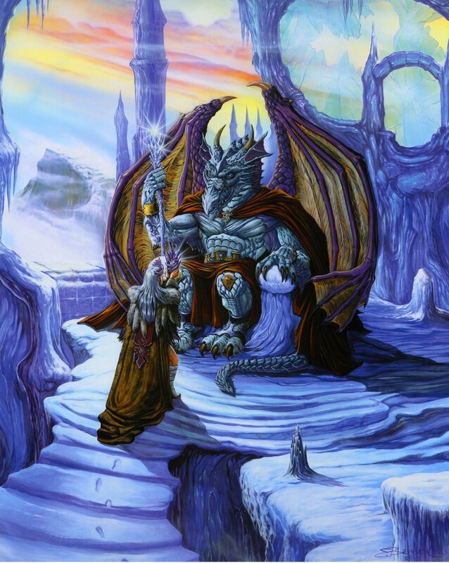 Dragon and wizard in icy cavern