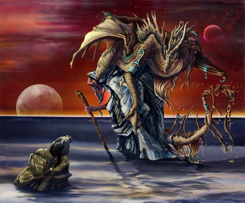 dragon and wizard on a shore