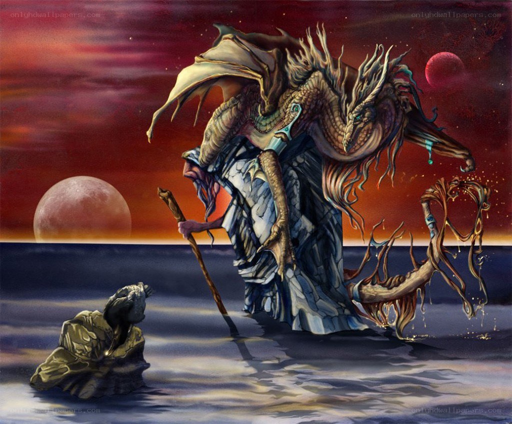 dragon and wizard on a shore
