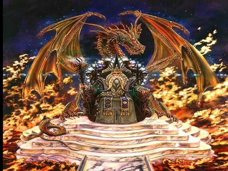 dragon and wizard on a throne