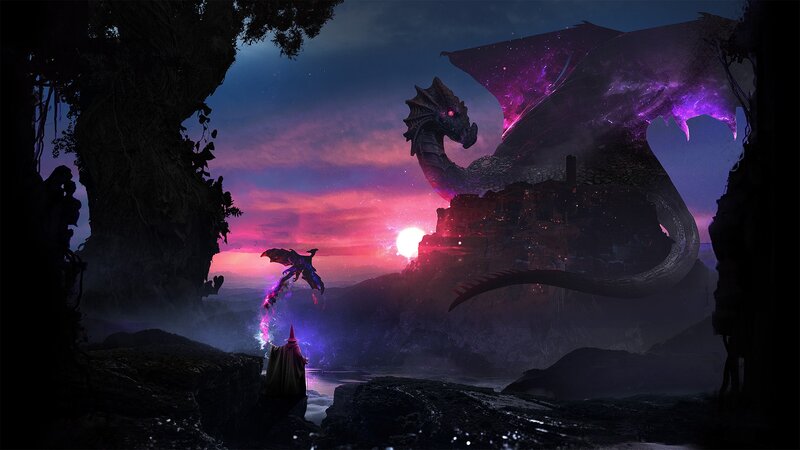 Dragon and Wizard — Purple, Dramatic