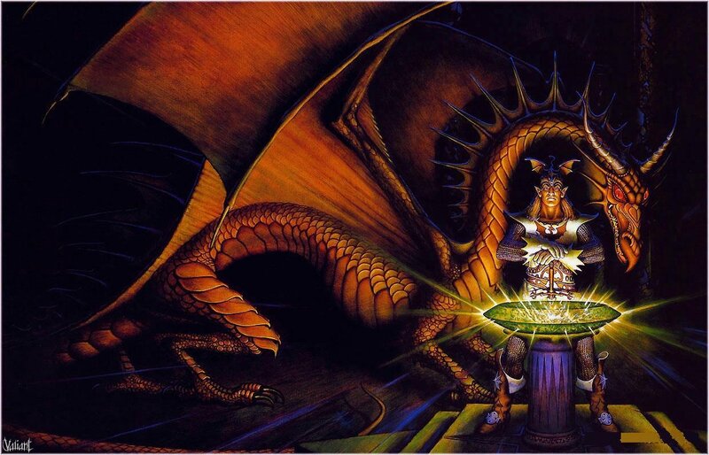 dragon and wizard with glowing orb