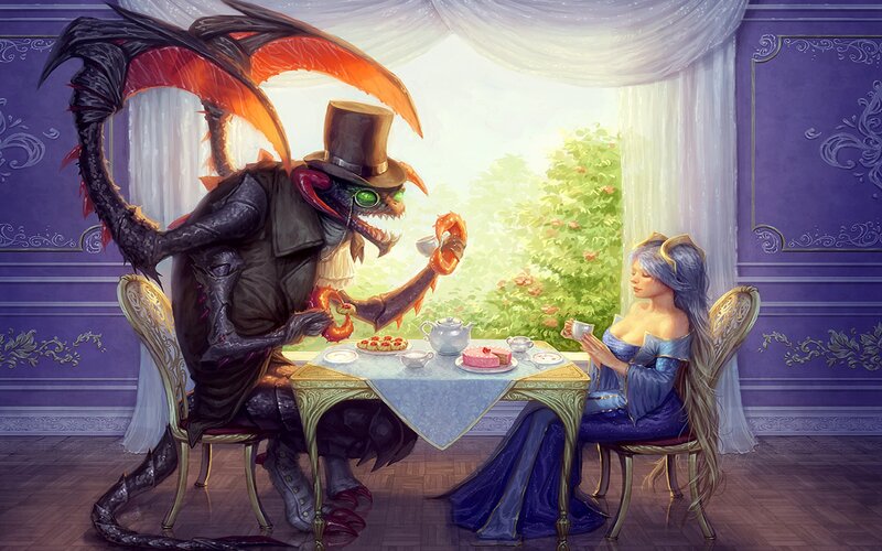 Dragon and woman at tea party