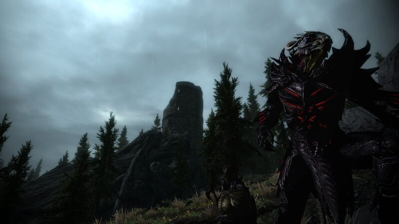 dragon armor in rainy landscape