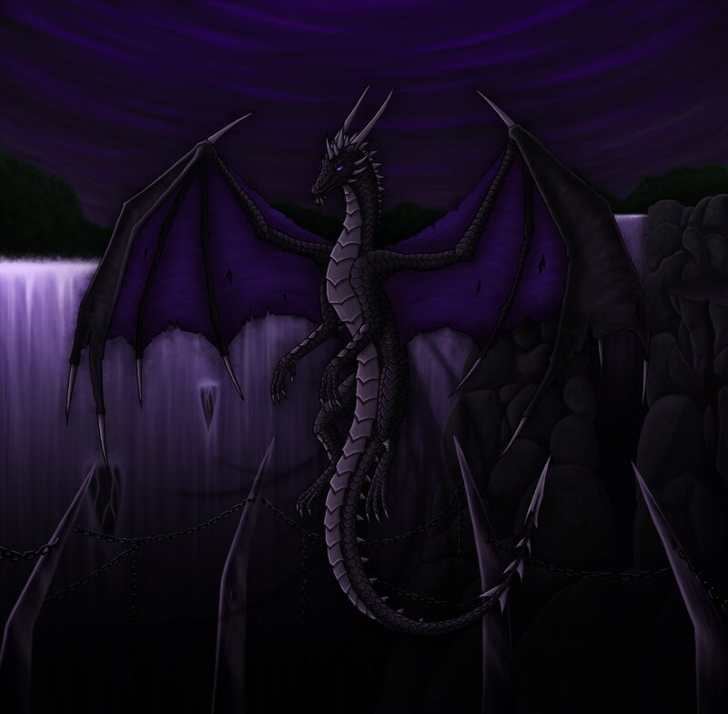dragon at a purple waterfall