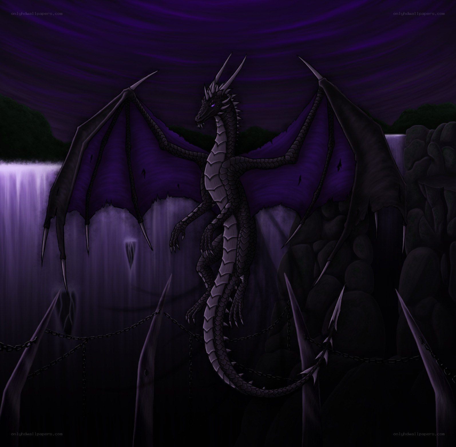 dragon at a purple waterfall
