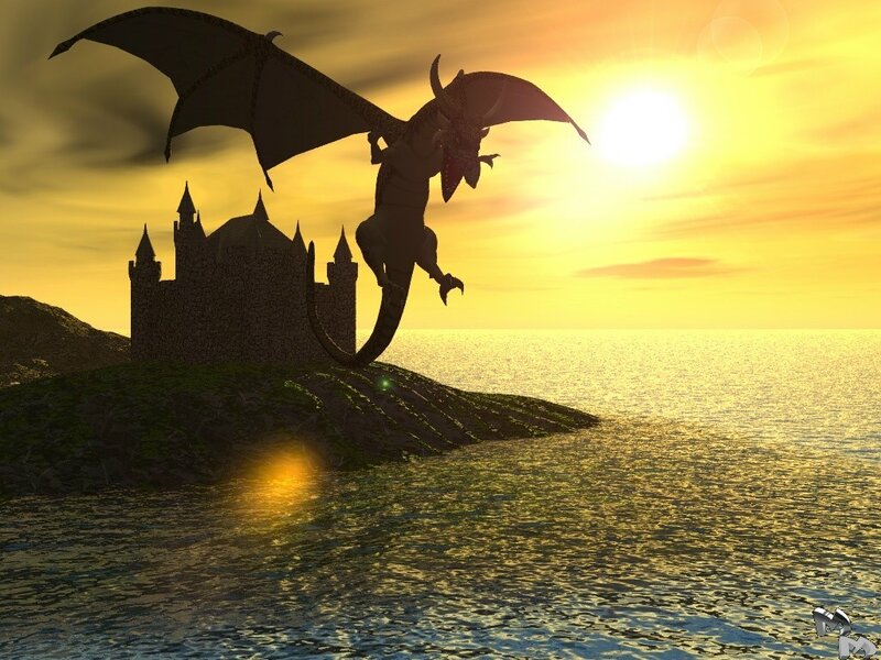 Dragon at sunset by castle