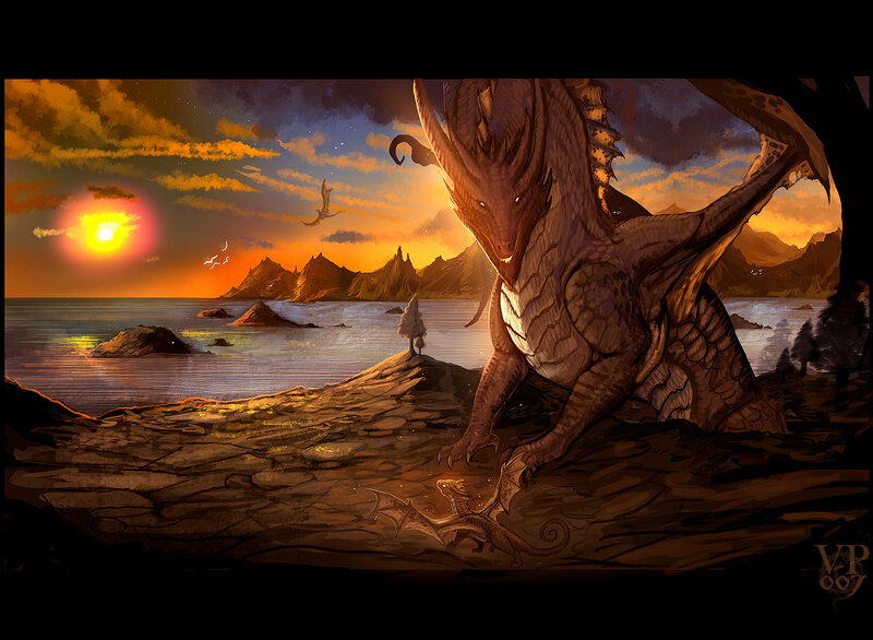 Dragon at sunset by the sea