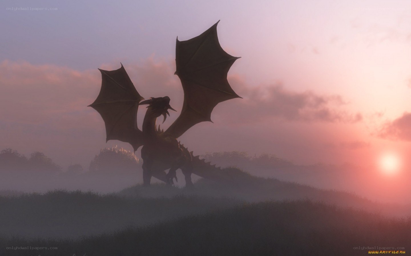 dragon at sunset on a hill