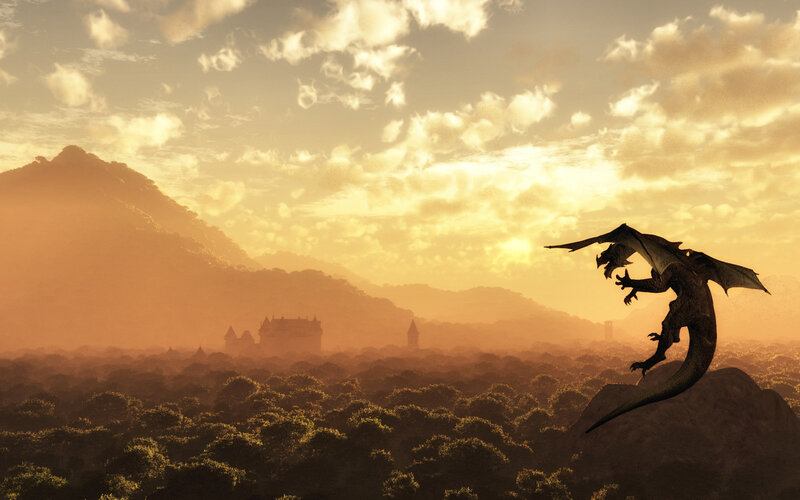 Dragon at sunset over a kingdom