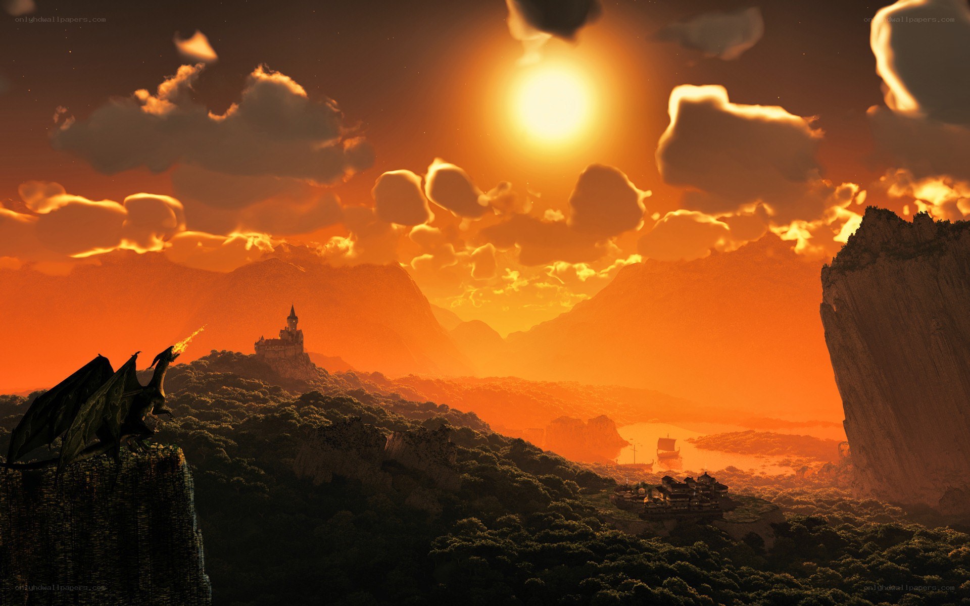 dragon at sunset over castle