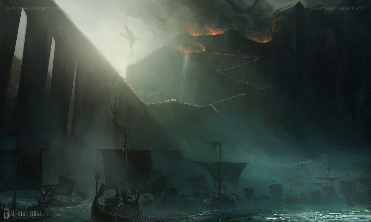 Dragon attack on a coastal city