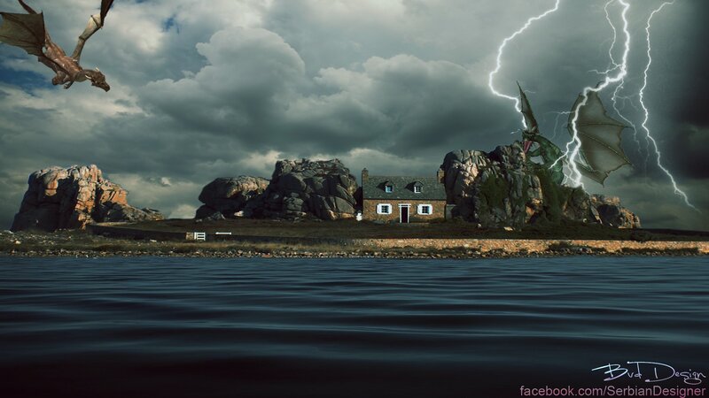Dragon attack on coastal cottage