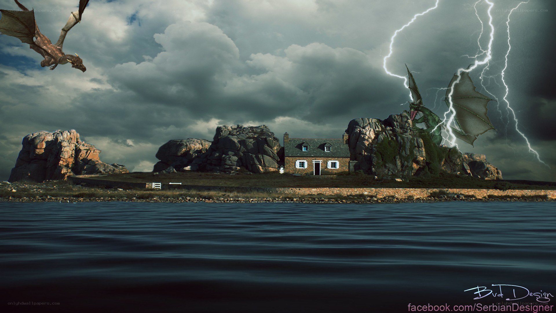 Dragon attack on coastal cottage