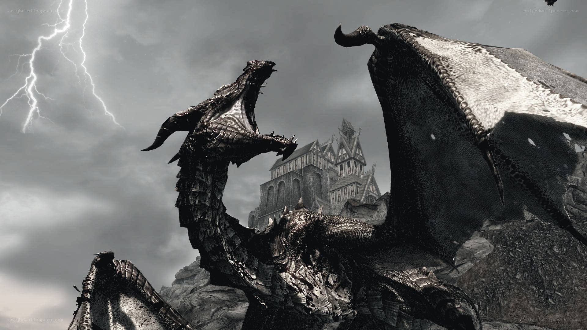 dragon attacking a castle