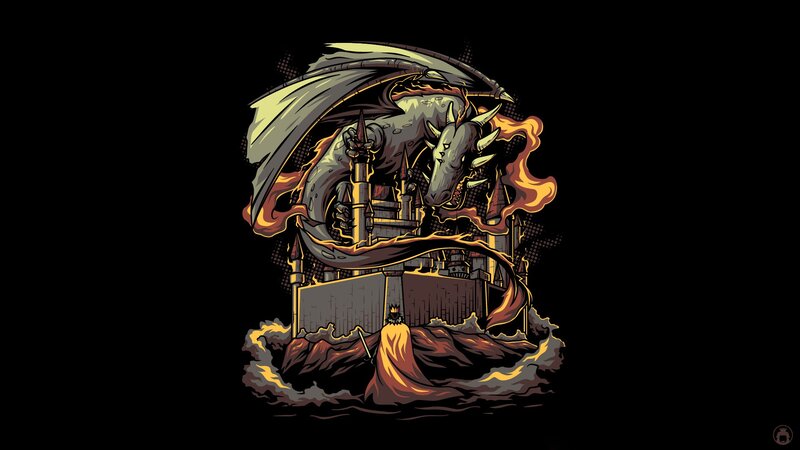 Dragon Attacking Castle — Black, Dramatic, Night, Digital Art, Fire