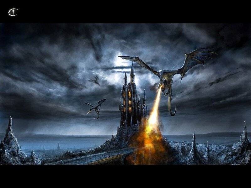 Dragon Attacking Castle — Black, Dramatic, Night, Digital Art, Lightning