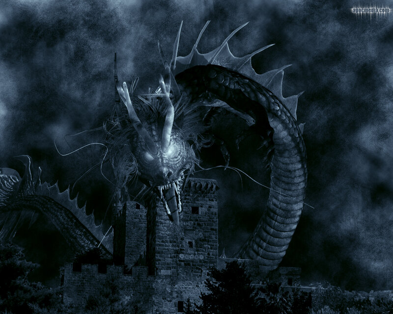 Dragon Attacking Castle — Blue, Dark, Dramatic, Night