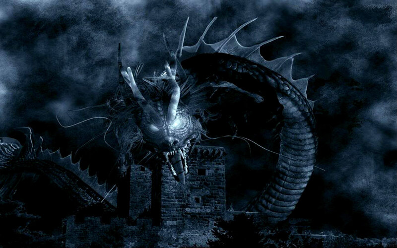 Dragon Attacking Castle — Blue, Dark, Dramatic