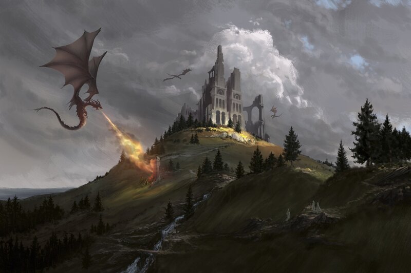 Dragon Attacking Castle — Gray, Dramatic, Digital Art