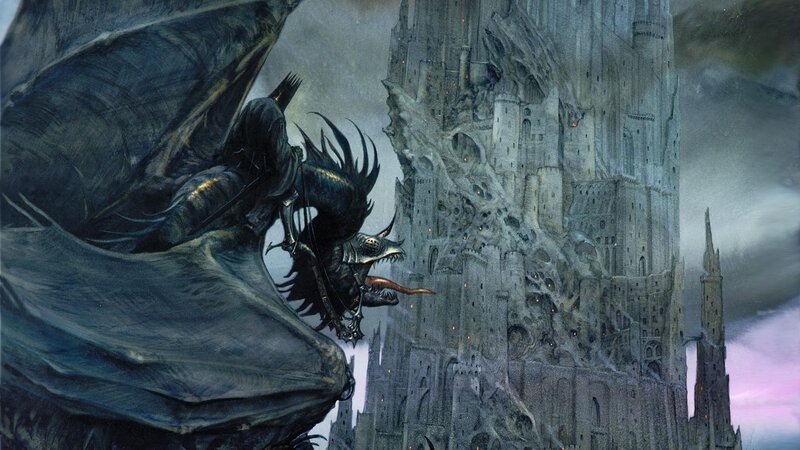 Dragon Attacking Castle — Gray, Dramatic, Night, Illustration