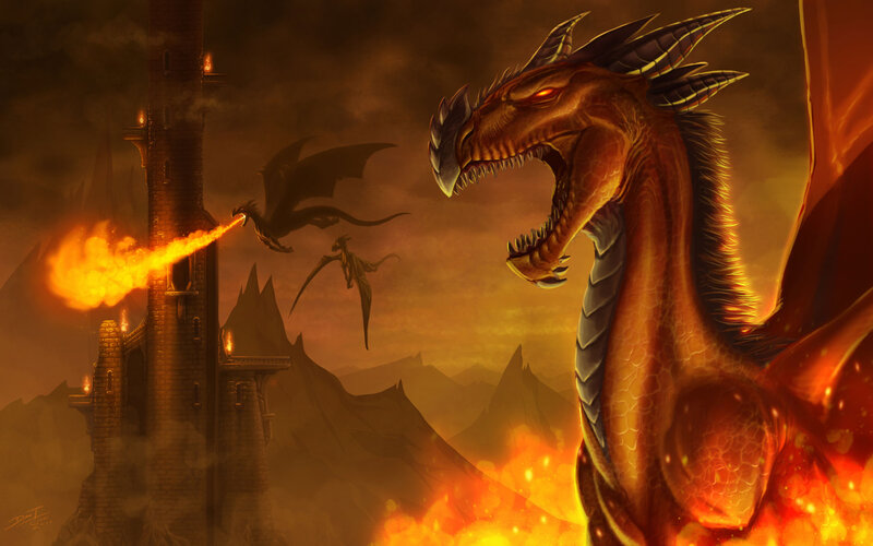 Dragon Attacking Castle — Orange, Dramatic