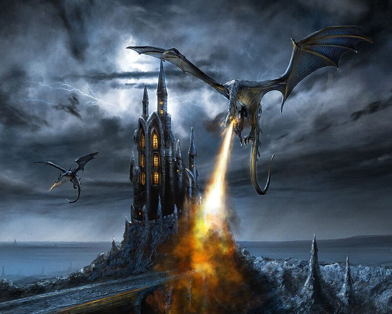 Dragon attacking castle
