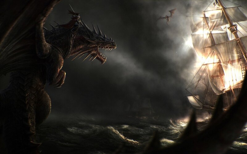 Dragon Attacking Ship — Black, Dramatic, Night, Digital Art, Sea, Sky, Gray, White