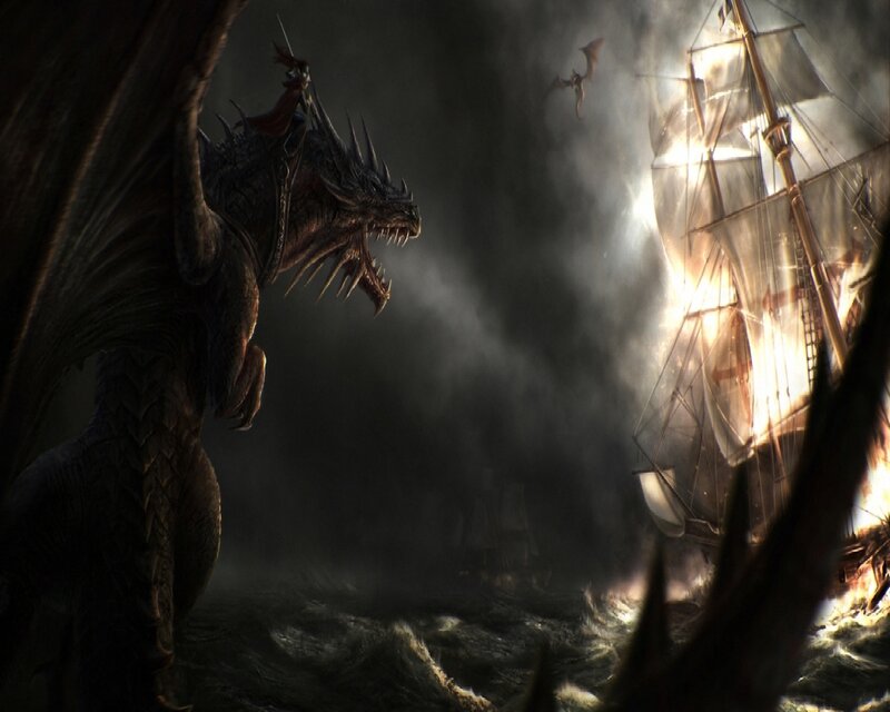 Dragon Attacking Ship — Black, Dramatic, Night