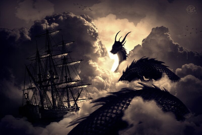 Dragon Attacking Ship — Black, Dramatic, Sunset, Digital Art