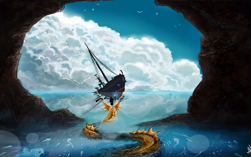 Dragon Attacking Ship — Blue, Dramatic, Afternoon