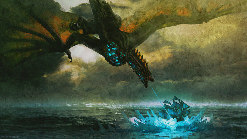 Dragon Attacking Ship — Blue, Dramatic, Digital Art, Ocean