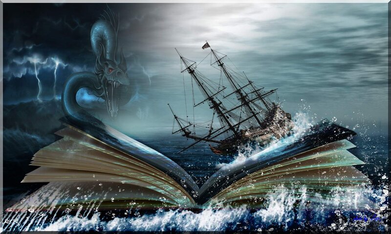 Dragon Attacking Ship — Blue, Dramatic, Night, Digital Art