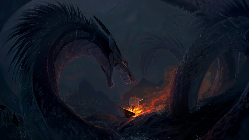 Dragon Attacking Ship — Dark Blue, Dramatic, Night, Digital Art, Fire