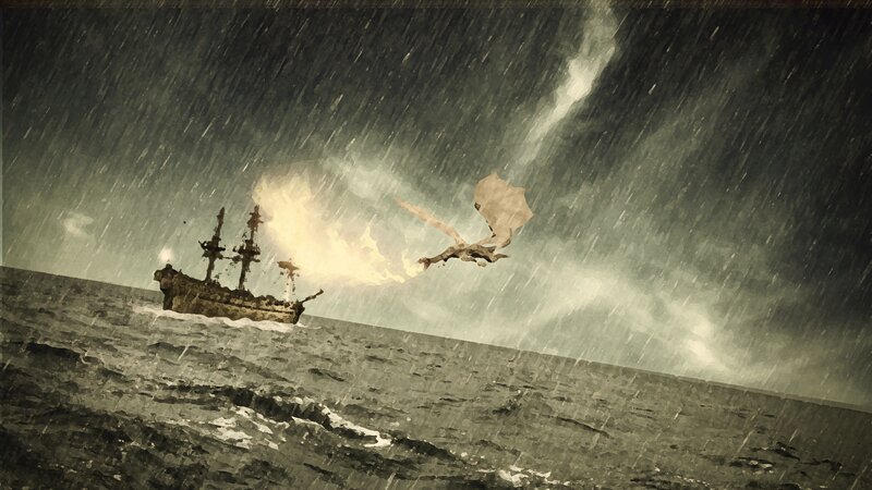 Dragon Attacking Ship — Gray, Dramatic, Night