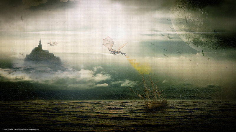 Dragon Attacking Ship — Green, Dramatic, Night, Digital Art