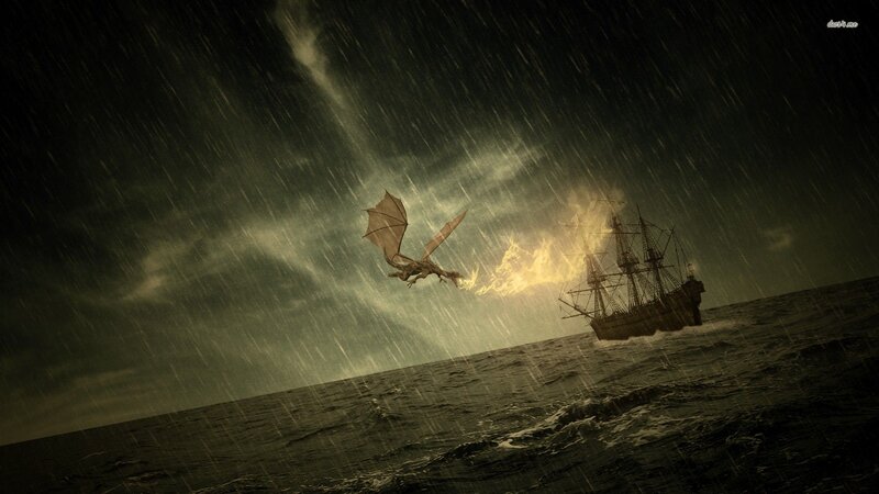 Dragon Attacking Ship — Green, Dramatic, Night