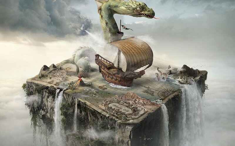 Dragon Attacking Ship — Green, Dramatic