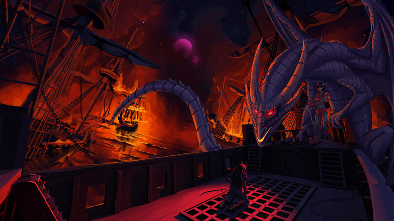 Dragon Attacking Ship — Red, Dramatic, Night