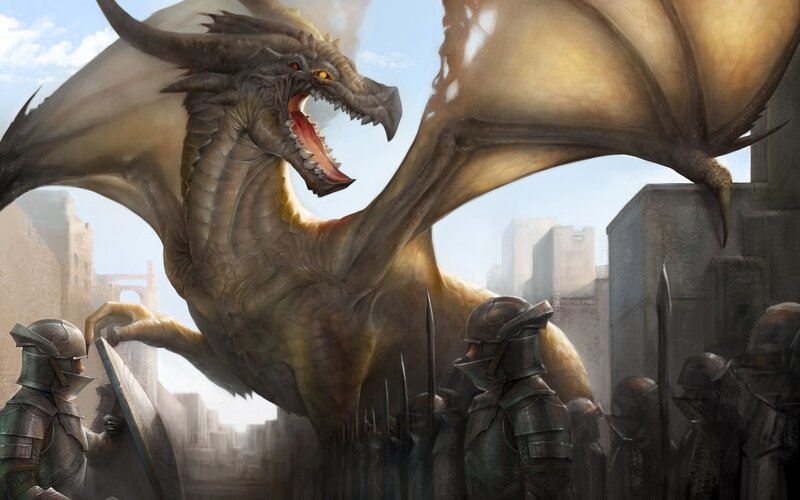 Dragon Attacking Soldiers — Brown, Dramatic