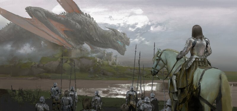Dragon Attacking Soldiers — Gray