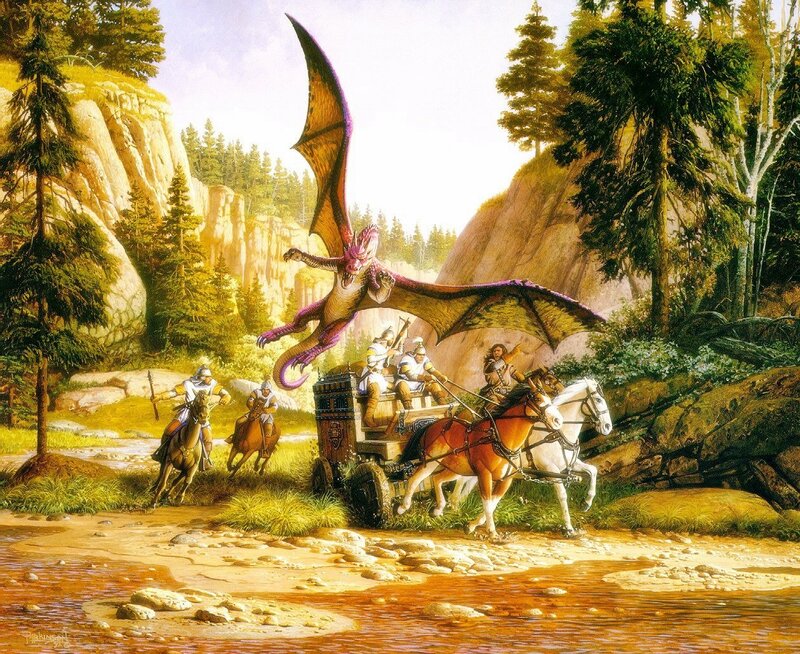 Dragon Attacking Wagon — Green, Dramatic, Afternoon, Illustration, Horse-drawn Cart
