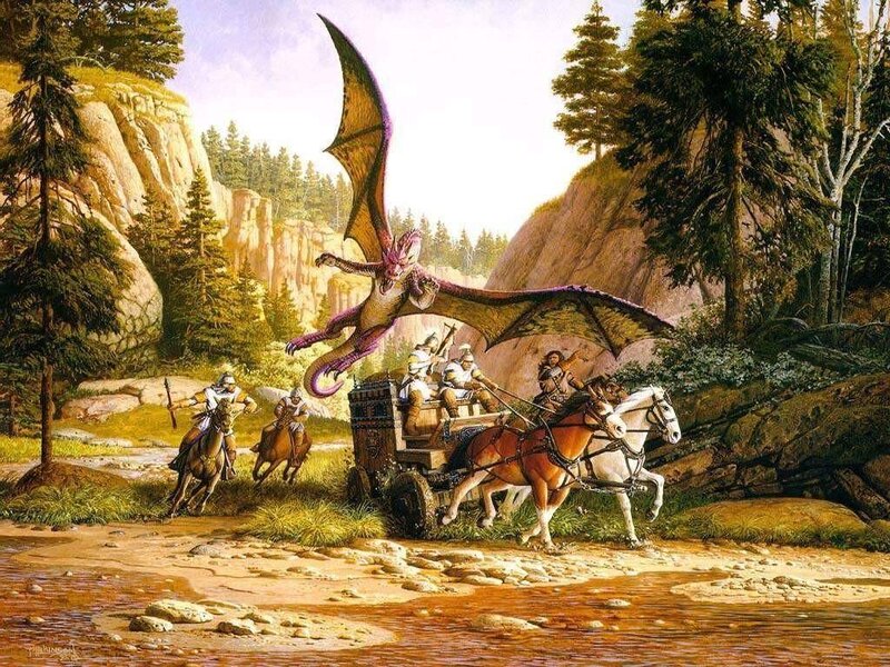 Dragon Attacking Wagon — Green, Dramatic, Afternoon, Illustration, Soldiers, Horses