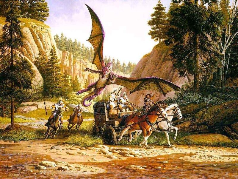Dragon Attacking Wagon — Green, Dramatic, Afternoon, Illustration, Soldiers