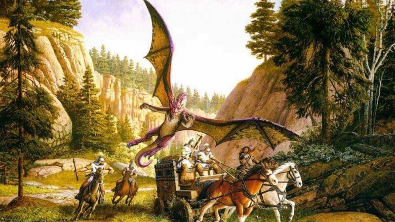 Dragon Attacking Wagon — Green, Dramatic, Afternoon